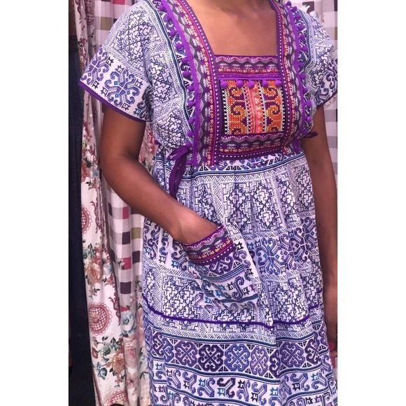 Handmade Other - Handmaid Folklore Cross-Stich Handmade Dress PomPoms Tunic Oaxaca Sz M/L #679